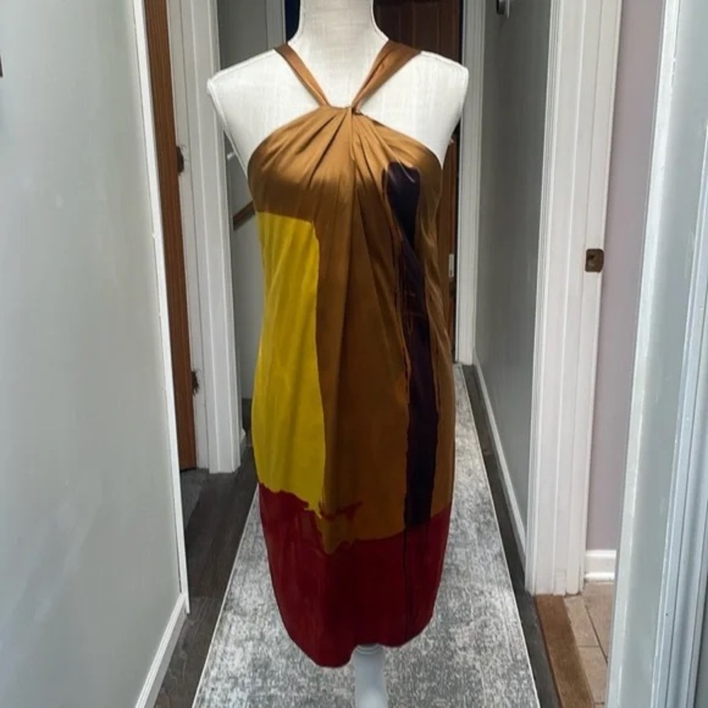 Vince Colorblock Gold, Scarlet Red and Copper Classy Cross Neck Silk Dress Small - Picture 6 of 7